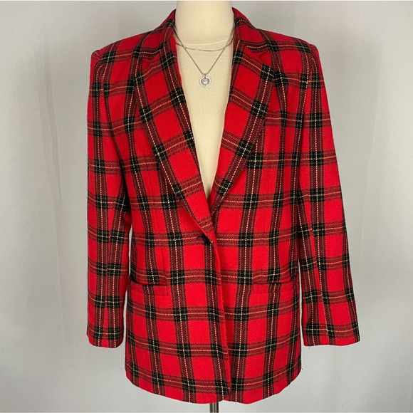 Vintage Blazer Jacket Womens Size 6 Red Plaid Tartan Wool Single Button 90s - Picture 1 of 11